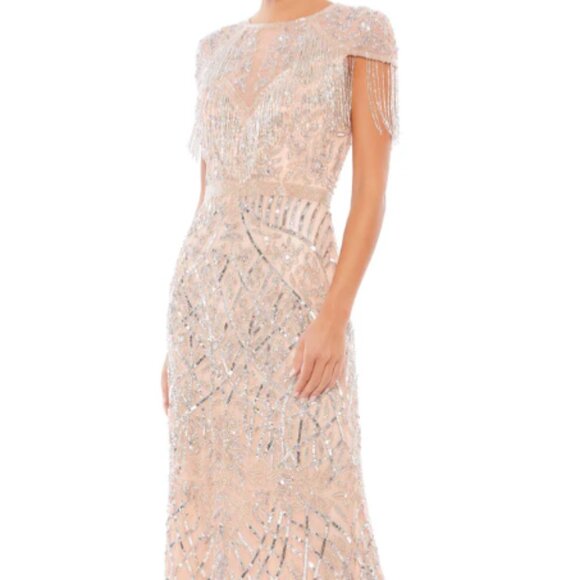 MAC DUGGAL 4715 EMBELLISHED FRINGE CAP SLEEVE PLATINUM TRUMPET GOWN sz 4 - Picture 3 of 6